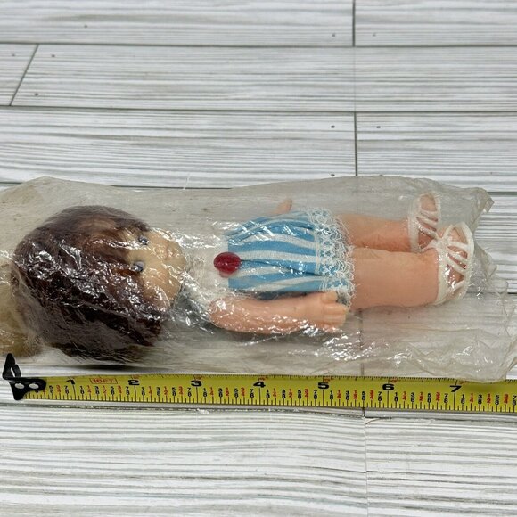 Honey Child Baby Girl Doll Plastic Brown Hair Blue Stripe Dress VTG Hong Kong 7" - Picture 10 of 10